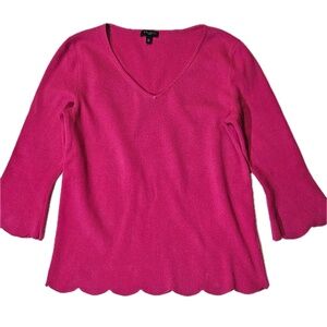 Talbots Sweater Womens Petite Small Pink V‎ Neck Bell Sleeve Scallop Hem Knit